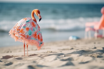 A beautiful flamingo wearing a bright floral skirt on a sandy beach. Blurred sea in the background. Minimal surreal concept for summer holidays banner, card or editorial. Illustration. Generative AI