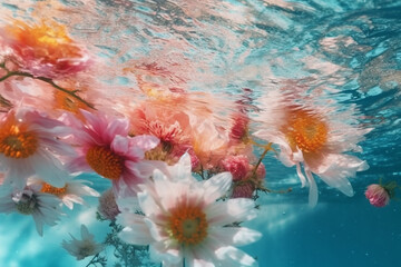 Fototapeta na wymiar Underwater creative love concept of fresh Spring flowers. Floral background or wallpaper in water. Valentines' day, birthday card. Illustration. Generative AI