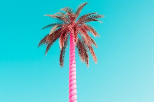 Minimal summer vaporwave concept, neon colors on tropical background, pastel palm trees and palm leaf against blue sky. Exotic summer beach concept. Illustration. Generative AI.