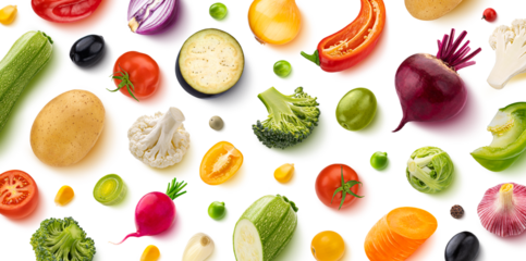 Vegetables, flat lay, top view, isolated on white background. Creative layout made of healthy food ingredients, fresh tomatoes, broccoli, olives, carrot, pepper, onion and zucchini slices
