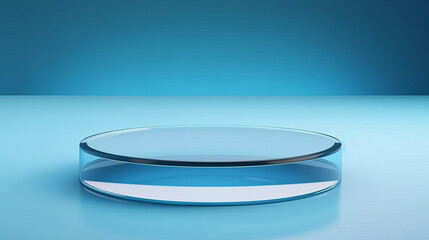 Abstract 3D Display Stand: Glass Podium on Blue Water Background. 3D Display Stand on Blue Water Background with Glass Podium Cosmetic Product Presentation. Generative AI illustration