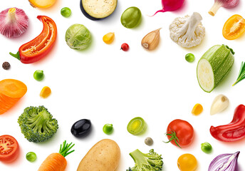 Frame of vegetables isolated, flat lay, top view. Healthy food banner