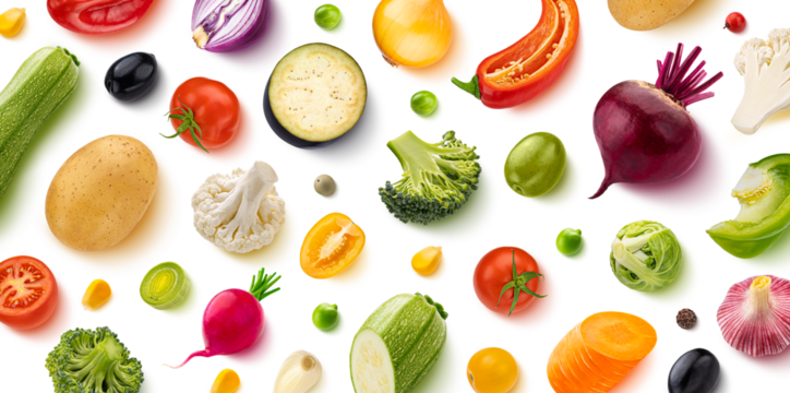 Vegetables, flat lay, top view, isolated on white background. Creative layout made of healthy food ingredients, fresh tomatoes, broccoli, olives, carrot, pepper, onion and zucchini slices