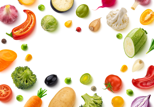 Frame of vegetables isolated, flat lay, top view. Healthy food banner