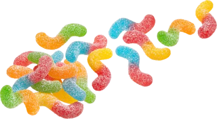 Foto op Canvas Falling sour gummy worms isolated on white background, full depth of field © xamtiw