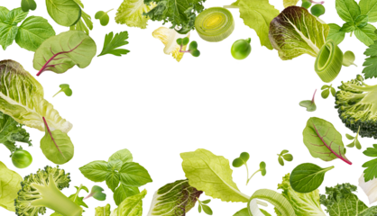 Healthy food ingredients frame, superfood, falling salad leaves and vegetable slices isolated on white background with copy space, mix of fresh lettuce, spinach, arugula and microgreen