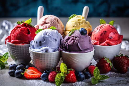 Various of ice cream flavor whit fresh blueberry, strawberry, kiwi, lemon, vanilla setup on rustic background . Summer and Sweet cold ice cream. High quality photo Generative AI