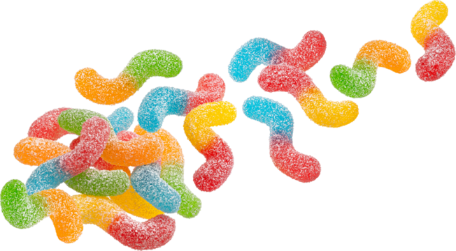 Falling sour gummy worms isolated on white background, full depth of field