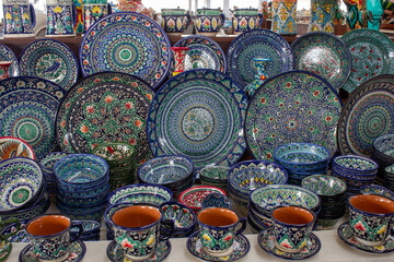Rishton ceramic plates samarkand market uzbekistan