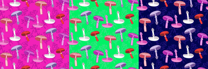Tree variation vector seamless pattern, with mushrooms