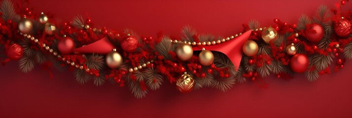 Obraz premium Extra wide Christmas border garland of fir branches, baubles, pine cones and other ornaments on a red background