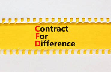 CFD symbol. Concept words CFD contract of difference on beautiful yellow paper. Beautiful white...