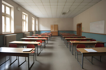 Fototapeta na wymiar A classroom with a desk and chairs