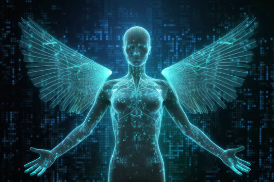 Female human glowing silhouette with wings over computer code background. Concept of human transformation through technology