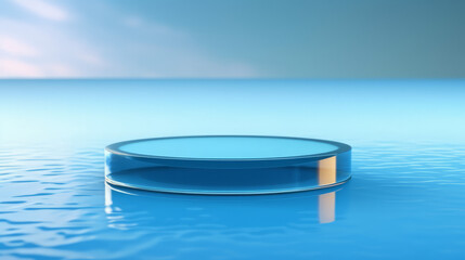 Fototapeta na wymiar Abstract 3D Display Stand: Glass Podium on Blue Water Background. 3D Display Stand on Blue Water Background with Glass Podium Cosmetic Product Presentation. Generative AI illustration