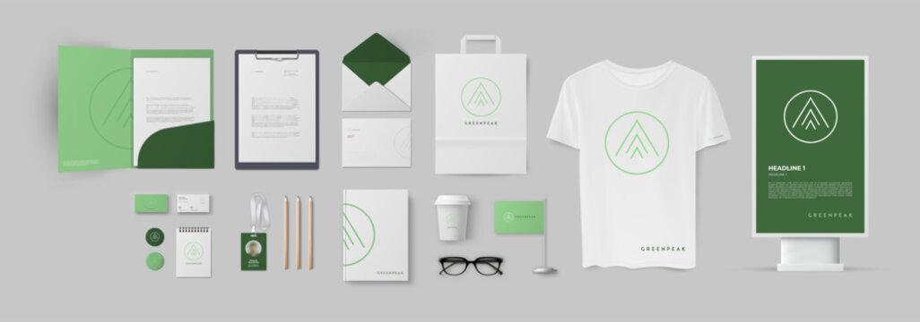 Corporate identity mockup with green ecological logo. Minimalistic style with lineart logo and branding stationery template.