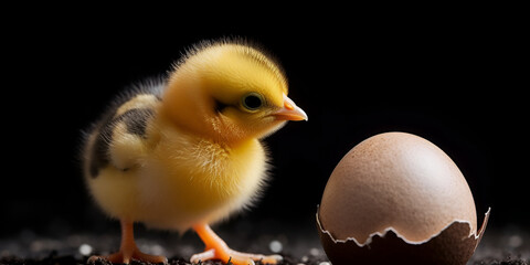 Small yellow chick in eggshell, chick and egg. Generative AI

