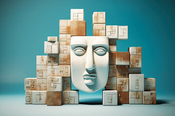 Wooden building blocks with heads of wisdom. Generative Ai Illustration. 