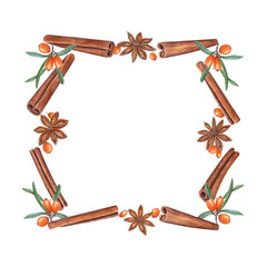 Watercolor frame of cinnamon, star anise, sea buckthorn isolated on transparent background. Christmas, New Year illustration of orange berries, brown spices for greeting, package, spice shop.