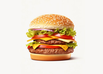 Cheeseburger with lettuce and tomato and patty on a white background