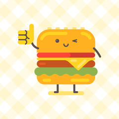 Hamburger character showing thumbs up and smiling. Funny character