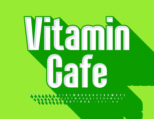 Vector healthy concept Vitamin Cafe. 3D White and Green Font. Alphabet Letters, Numbers and Symbols set with Shadow