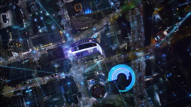 Aerial View of Futuristic Smart City At Night With Bright Networks, Augmented Reality Financial Charts and Graphs. Holographic Elements.