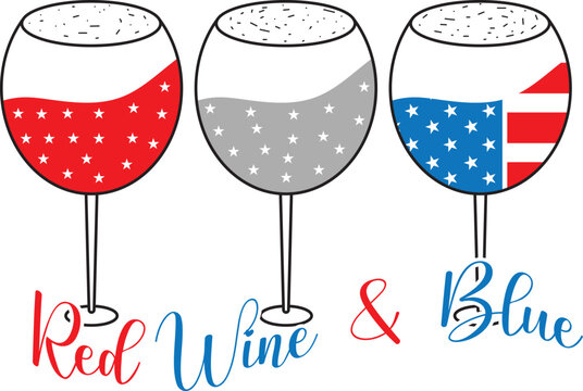 Red wine & blue wine glasses of American flag 4th of July t-shirt design