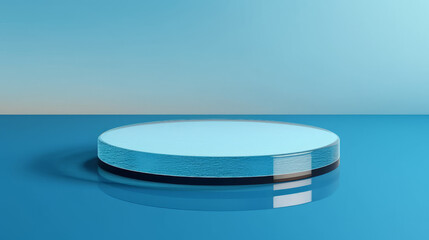 Abstract 3D Display Stand: Glass Podium on Blue Water Background. 3D Display Stand on Blue Water Background with Glass Podium Cosmetic Product Presentation. Generative AI illustration