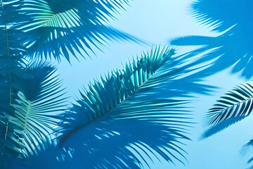 Fototapeta na wymiar abstract blue background with palm leaves shadows and bright sunlight. Minimal showcase scene for organic cosmetic product presentation