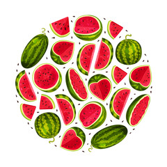 Fresh Watermelon Round Composition Design with Juicy Red Fruit Vector Template