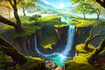  digital art piece depicting a dense rainforest in the aftermath of a pounding rain. Show the thick trees and layers of leafy foliage that almost completely blocks out the sunlight.