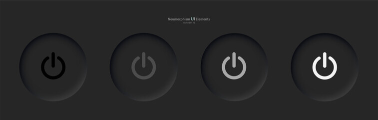 User interface elements for mobile devices in the style of neumorphism, UI, UX. A set of four depressed black round buttons with power symbols. Vector illustration.