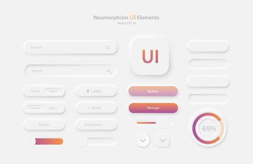 A collection of user interface elements for a mobile application in white and orange-purple. Buttons for mobile devices in the style of neumorphism, UI, UX. Vector EPS 10.