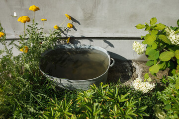 Old metal basin with water - obrazy, fototapety, plakaty