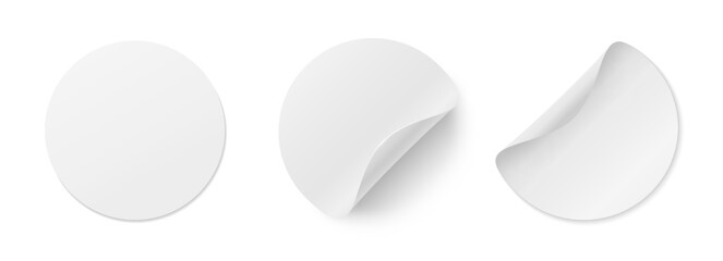 Stickers with curved edges on a white background. A set of round, paper tags. Sheets for notes. Vector illustration
