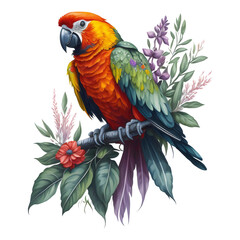 Obraz premium Watercolor macaw parrot Clipart, South American parrot with tropical leaves, Cute Parrot art transparent