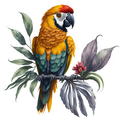 Obraz premium Watercolor macaw parrot Clipart, South American parrot with tropical leaves, Cute Parrot art transparent