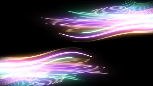 neon rainbow lines animation colorful beams path traveling in black background growth