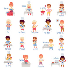 Fototapeta premium Little Children at Kitchen Cooking, Eating, Serving and Boiling Big Vector Set