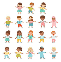 Happy Little Girl and Boy Standing with Open Arms for Hug Big Vector Set