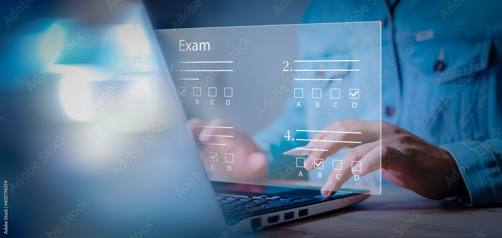 Aufkleber online exam, choose correct answer in test. adult student do test examination with multiple choice. 