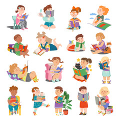 Interested Kids Sitting with Open Book and Reading Big Vector Set