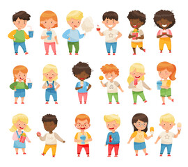 Cute Boy and Girl Drinking Soda and Eating Sweets and Sugary Treats Big Vector Set