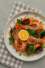Seafood paella, shrimp and mussels risotto, rice, homemade, top view, no people,