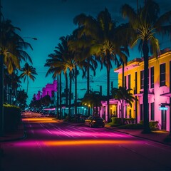 Photo of a Palm Tree-Lined Street at Night created with Generative AI technology