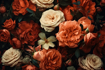 Roses background, warm color palette, vintage aesthetics. Generative Ai Illustration.