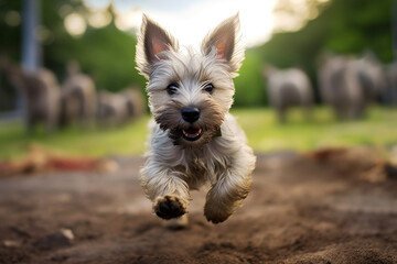 cairn terrier puppy running towards the camera