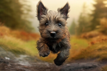 cairn terrier puppy running towards the camera - obrazy, fototapety, plakaty