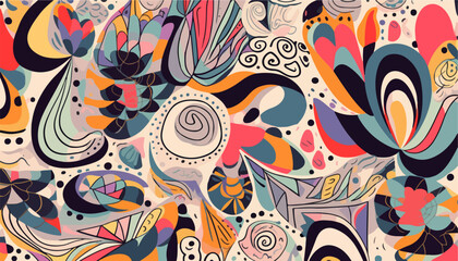 Hand drawn cartoon style floral doodle abstract shapes print. Creative colorful collage pattern. Trendy template for design